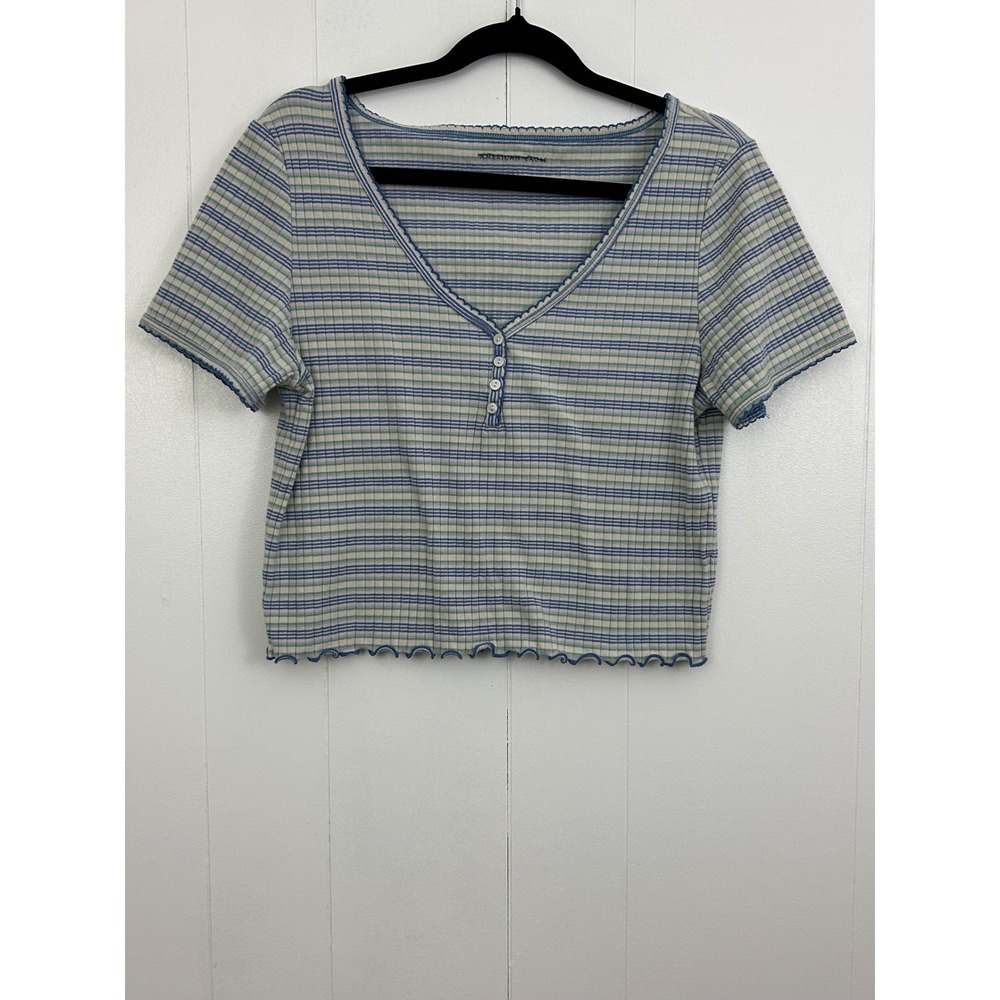 American Eagle Striped Ribbed V-Neck Lettuce Edge Crop Top Blue Green Large